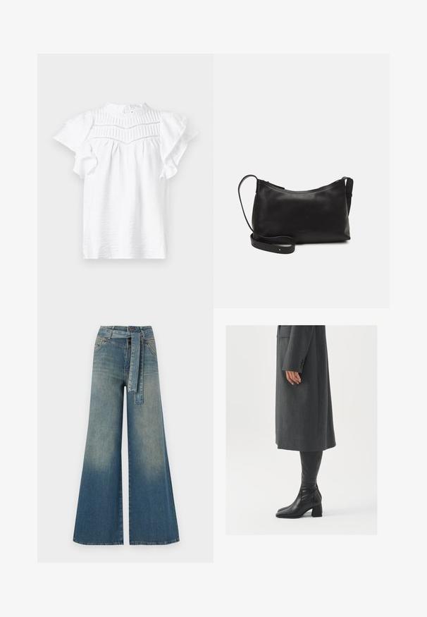 Biela blúzka s krátkym rukávom a vysokým výstrihom, s plisovanými detailmi a naberanými rukávmi, vyrobená z ľahkej, štruktúrovanej látky.; Džínsy s širokými nohavicami, ktoré majú prechod od svetlomodrej po tmavomodrú, vysoký pás, pútka na opasok a opasok z rovnakého materiálu. Textúrovaný denimový povrch.; Sivý, strihovo upravený kabát so rovnými líniami; doplnený o čierne kožené čižmy po kolená s štvorcovou špičkou a robustným podpätkom.; Čierna kožená ramenná taška s hladkou textúrou, zakriveným tvarom, nastaviteľným popruhom a zipsom. Minimalistický dizajn bez ozdôb.