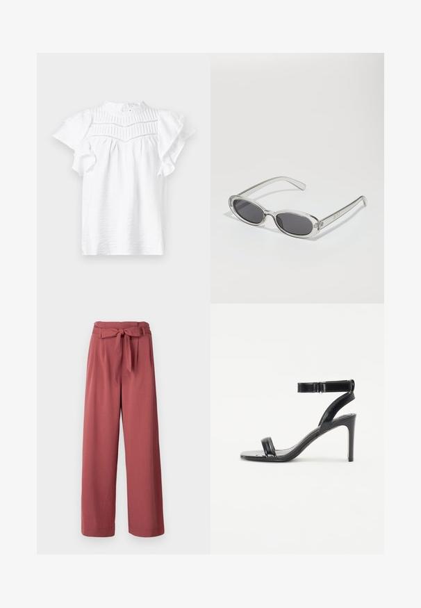 Weiße Bluse mit kurzen Ärmeln und hohem Kragen, die über Faltendetails und Rüschensäume verfügt, gefertigt aus einem leichten, strukturierten Stoff.; Weite Hose in einem staubigen Rosaton, aus einem weichen Stoff, mit einem gebundenen Gürtel in der Taille und seitlichen Taschen.; Schwarze Sandalette mit glänzender Oberfläche, ausgestattet mit zwei schmalen Riemen und einem Knöchelriemen, auf einem schlanken Stiletto-Absatz.; Sonnenbrille mit ovaler Form, klarem Kunststoffrahmen, dunkelgrauen Gläsern und dünnen transparenten Bügeln mit Logo-Akzenten und minimalen Details.; Schwarze Lederhandtasche mit geschwungener Form, abnehmbarem Tragegurt und goldenen Beschlägen. Die Tasche verfügt über einen Deckel mit einer Schnallen-Details.