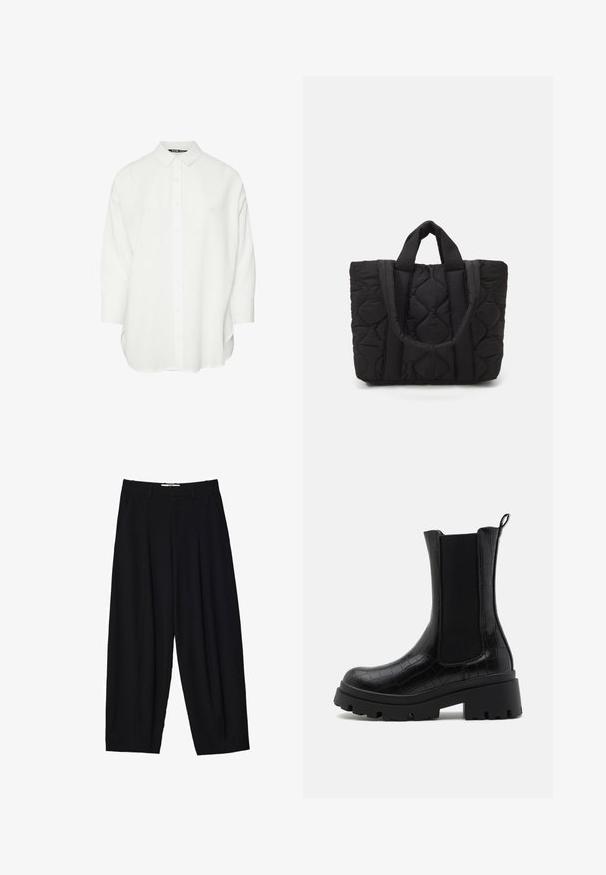 Weißes Hemd mit Knopfleiste, Kragen und Dreiviertelärmeln. Aus glattem Stoff gefertigt, mit geradem Schnitt und seitlichen Schlitzen.; Schwarze weit geschnittene Hose aus leichtem Stoff, mit vorderen Falten, klassischem Bund und seitlichen Taschen. Angenehme Struktur.; Schwarze Knöchelstiefel mit einer strukturierten Krokodilprägung, elastischen seitlichen Einsätzen und einer robusten schwarzen Sohle für zusätzlichen Grip und Stabilität.; Schwarze gesteppte Tragetasche mit zwei stabilen Tragegriffen, gefertigt aus einem strukturierten Stoff mit einem Rautenmuster für Langlebigkeit und Stil.