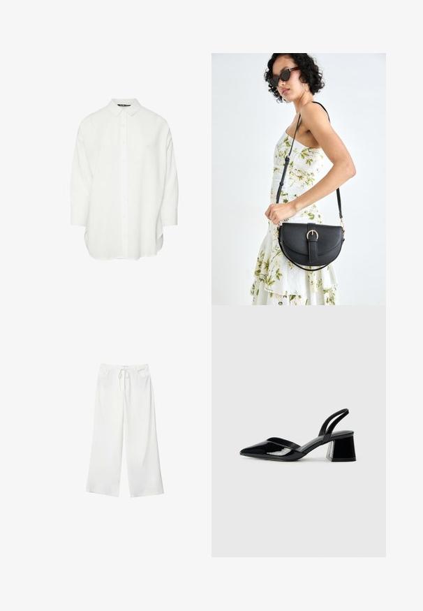 Hvid skjorte med krave og trekvartærmer. Fremstillet af glat stof, med en lige pasform og sidespalter.; Hvide bukser med vidde lavet af blødt stof, med bindebånd i taljen og to forlommer. Glat tekstur og uden synlige mønstre.; Sorte patentlæder slingback hæle med spids tå og en geometrisk blok hæl. Har et elegant, minimalistisk design og en glat tekstur.; Sort læderhåndtaske med en buet form, aftagelig rem og guldfinish. Tasken har en klap med en spænde detalje.