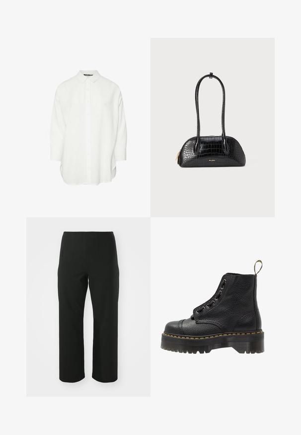 Hvid skjorte med krave og trekvartærmer. Fremstillet af glat stof, med en lige pasform og sidespalter.; Vero Moda Curve VMCAUGUSTA PANT - Bukser - black; Sorte læder ankelstøvler med tekstureret overflade, rund tå, snørebåndsdesign, gule stikninger og en tyk, rillet sort platformsål.; Sort håndtaske i krokodillemønster med en glat tekstur, rund form og to slanke håndtag. Guld-logo nær bunden.; Sølvmetals øreringe i form af ovale hoops, tyndt design, lette, med en glat overflade og en sikker lukning for nem påsætning.