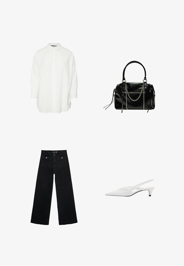 Hvid skjorte med krave og trekvartærmer. Fremstillet af glat stof, med en lige pasform og sidespalter.; Sorte vidde jeans med høj talje, der har to forlommer og metalknapdetaljer. Stoffet har en glat tekstur.; Hvide slingback hæle med spids tå, der har en glat overdel, subtile udskæringer og en lav blokhæl. Den sorte sål fremhæver designet.; Bershka WITH CHAIN - Håndtasker - black