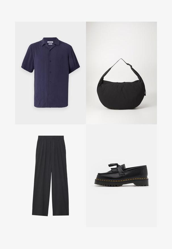 Lühikeste varrukatega, nööpidega särgid tumepunasest värvist, valmistatud kergest kangast, millel on sile tekstuur ja klassikaline krae disain.; Valge pika varrukaga henley särk kolme nupuga ja ümmarguse kraega, esitatud lihtsal valgel taustal.; Laiene püksid, mis on valmistatud tumedast hallist kangast. Omavad vööümbrikus voldikuid, on kohandatud disainiga ja sirge siluett.; Mustmust musta loafer, millel on frantsiisi aktsent, paks must tald ja kollane õmblus servas. Tekstuuriga viimistlus.; Mustmust kangas õlakott, millel on kõver kuju, üheahelaline rihm ja lukuga sulgemine. Pehme tekstuur, minimalistlik disain.
