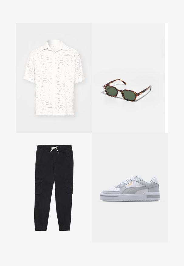 White short-sleeve shirt featuring a textured, cut-out pattern. Standard collar and button closure, with a loose-fitting design.; Black cargo pants made of cotton, featuring an elastic waistband with a drawstring, side pockets, and tapered cuffs.; Gray and white sneakers with smooth leather upper, perforated toe, lace-up closure, textured accents, and a subtle gold logo.; Tortoiseshell sunglasses with green lenses, featuring an octagonal shape and slim, curved arms. Material has a glossy finish.