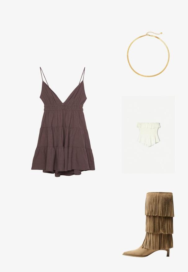 Biała bluzka bez ramion z falbaniastymi krawędziami, marszczonym gorsetem, rozkloszowanym dołem i lekkiego materiału z subtelną teksturą.; Brązowa, bezrękawna sukienka z głębokim dekoltem w kształcie litery V, elastycznym paskiem w talii i falbaniastym dołem. Wykonana z lekkiego materiału o miękkiej fakturze.; Botki na kostkę w kolorze jasnobrązowym z zamszu, z trzema warstwami frędzli. Szpiczasty nos i niski klocek. Gładka faktura na całej powierzchni.; Brązowa torebka z zamszu z długimi frędzlami, o zakrzywionym kształcie i pojedynczym paskiem na ramię. Posiada gładką, teksturowaną powierzchnię.; Złota siateczkowa naszyjnik choker o płaskim, elastycznym kształcie. Posiada przedłużkę łańcuszka dla regulowanej długości. Gładka tekstura, minimalistyczny wygląd.