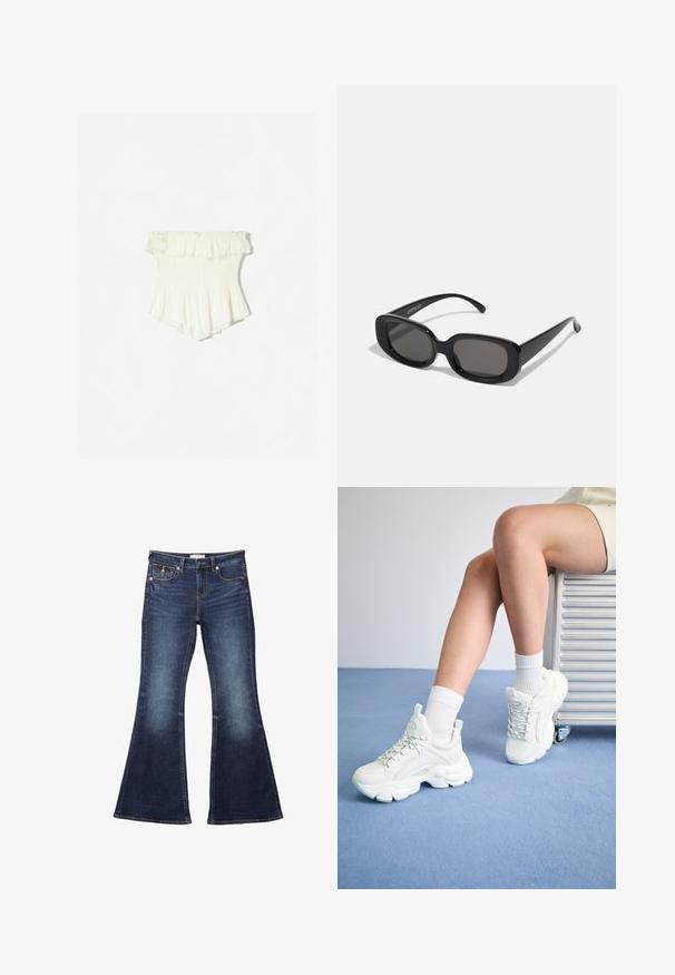 Bijela bluzica bez naramenica s volanima, smućena šuplja, raširena donja ivica i lagani materijal s suptilnom teksturom.; Tamno plave trapezice s pojasom, dizajnom od pet džepova, akcentima u šavovima i glatkom teksturom denima.; Bijele tenisice s vezicama i debelim potplatom, izrađene od gladak sintetičkog materijala, s teksturiranim detaljima i petnom ručkom.; Crne pravokutne sunčane naočale s tamnim lećama. Debeli plastični okvir, glatke teksture i zaobljenih rubova. Moderne oštrice se protežu prema van.