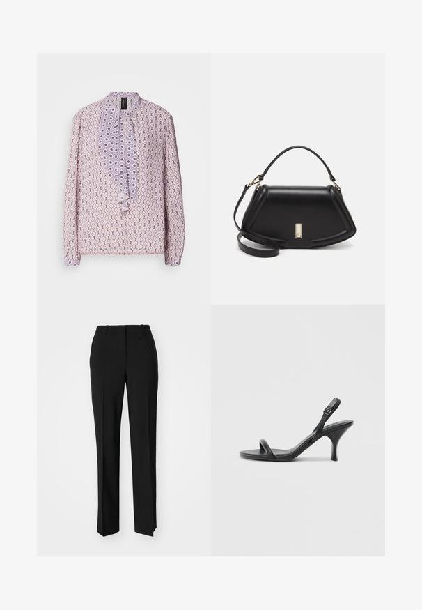 Light purple blouse with an all-over pattern of diamonds and circles, featuring a ruffled front placket and button closures. Long sleeves.; Black tailored trousers with a straight-leg design, featuring a smooth texture and crisp creases along the front. No visible hardware.; Black leather high-heeled sandals with a slim, curved heel and a crossed strap design. Adjustable ankle strap. Smooth texture.; Black leather handbag with a structured design, featuring a cropped shape, top handle, and gold hardware accent. Adjustable shoulder strap included.