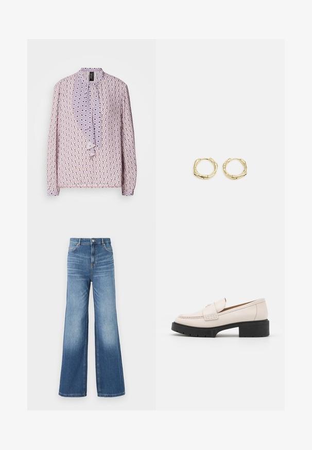 Blusa lilás clara com um padrão de diamantes e círculos, apresentando uma pala frontal com babados e fechos de botão. Mangas longas.; Jeans de ganga em azul claro, de perna larga, com uma cintura alta, apresentando cinco bolsos, passantes para cinto e um efeito de desvanecimento subtil em direção à bainha.; Mocassins em couro bege claro com frente costurada e um salto plataforma preto texturizado. Apresenta um design curvado e uma ligeira elevação.; Brincos de argola dourados com um formato irregular e texturizado. Apresentam um fecho sem emenda e um acabamento polido, destacando um design moderno.