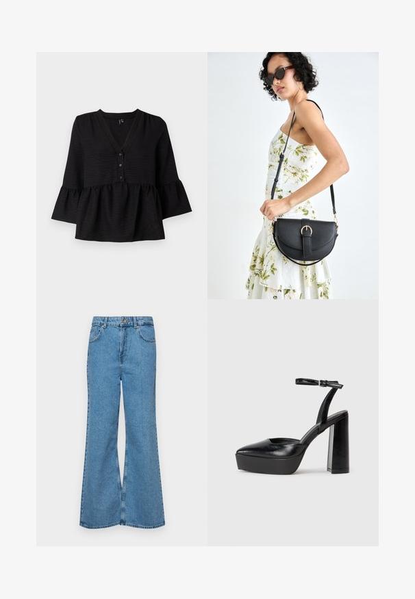 Black blouse featuring a V-neck, button front, and flared sleeves with a ruffled hem. Made from textured fabric with a loose fit.; Light blue flared jeans made of denim, featuring a high waist, five pockets, and a single button closure. Soft texture with faded finish.; Black platform heels with a pointed toe and adjustable ankle strap. Constructed from smooth leather, featuring a chunky block heel.; Black leather handbag with a curved shape, detachable strap, and gold hardware. The bag features a flap with a buckle detail.