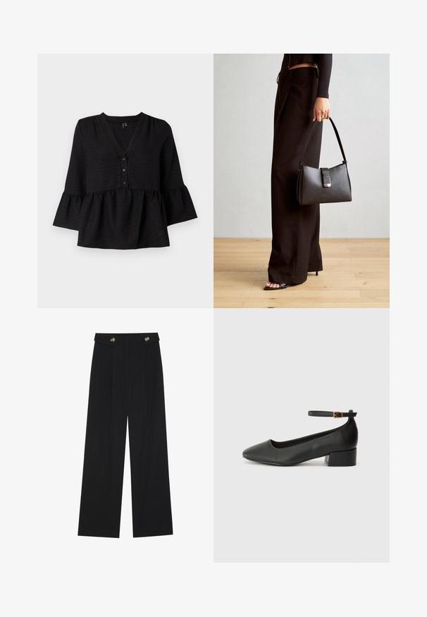 Svart bluse med V-hals, knappestolpe og flared ermer med volangkant. Laget av teksturert stoff med løs passform.; Svart vide bukser med høy midje, knappdetaljer på midjebåndet og frontplisser.; Sorte skinnpumper med spiss tå og lav blokkhelt. Har ankelrem med gullfarget spenne. Glatt tekstur.; Svart håndveske med strukturert form, jevn tekstur og metallisk lås. Kombinert med brede svarte bukser og sandaler med åpen tå på tregulv.