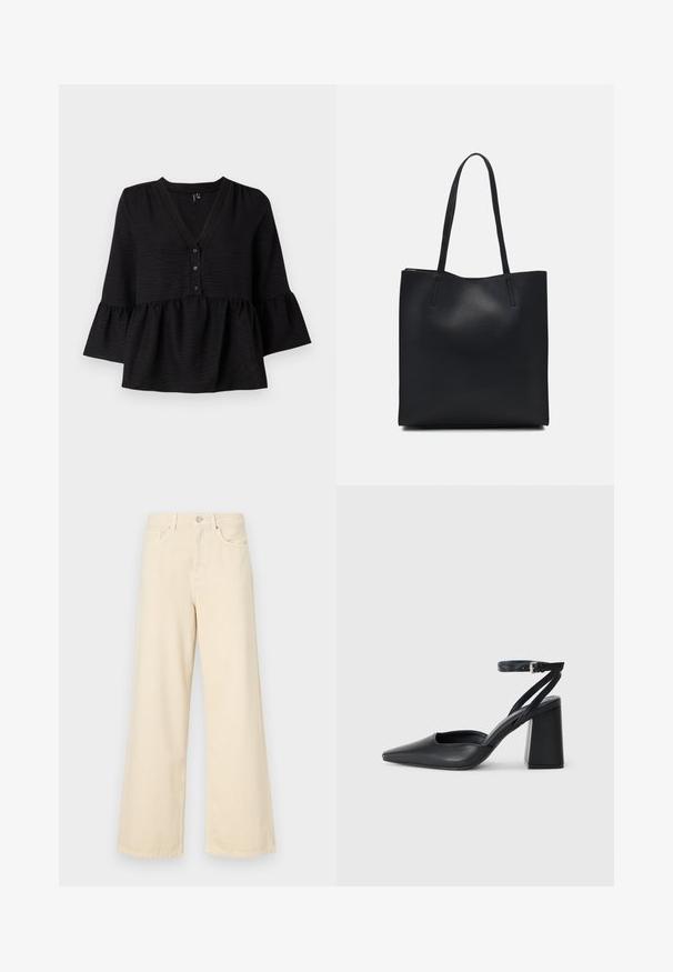 Blouse noire avec un décolleté en V, des boutons sur le devant et des manches évasées avec un ourlet volanté. Fabriquée en tissu texturé avec une coupe ample.; Jean large beige en coton. Doté d'une fermeture à bouton, de passants de ceinture et de poches avant avec une texture douce et lisse.; Escarpin noir en cuir à bout pointu avec une bride de cheville et un talon épais. Texture lisse, design élégant et esthétique minimaliste.; Sac fourre-tout en cuir noir avec une texture lisse, de forme rectangulaire et deux longues poignées. Pas de matériel ou d'ornementations visibles.