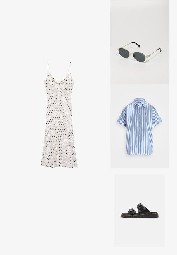 Cămașă cu mânecă scurtă, cu nasturi, în dungi verticale albastre și albe, având un guler clasic și logo brodat pe piept.; Rochie fără mâneci dintr-un material ușor și moale; fundal crem cu puncte negre; decolteu drapat și siluetă fluidă.; Sandale din piele neagră, cu două curele reglabile prevăzute cu catarame metalice, o sole texturată și un cusut distinctiv galben pe margine.; Ochelari de soare din metal aurit, cu lentile ovale și lentile întunecate. Vârfuri din acetat negru pe brațe. Numele brandului "QUAY" pe lateral.