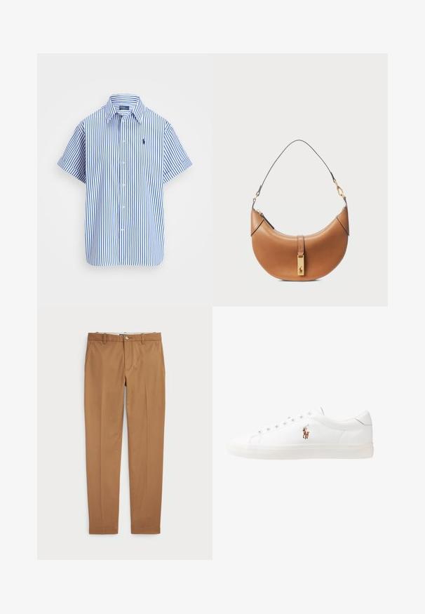 Short-sleeve button-up shirt in blue and white vertical stripes, featuring a classic collar and embroidered logo on the chest.; Brown cotton trousers with a slim-fit design, flat front, and standard pockets; smooth texture and hemmed cuffs.; White leather sneakers, low-top design, featuring a smooth texture, round toe, laced front, and a small embroidered logo on the side.; Tan leather handbag with a curved shape, gold hardware, and a thin shoulder strap. Features a zipper closure and logo detail on the front.