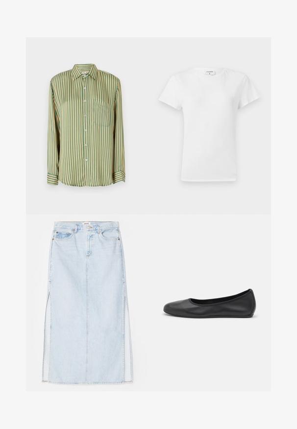 Long-sleeve button-up shirt with green and yellow vertical stripes, featuring a chest pocket and blue buttons. Crafted from smooth fabric.; White cotton t-shirt with a crew neckline and short sleeves, featuring a relaxed fit and minimalistic design. Tag visible at the neck.; Light blue denim maxi skirt with a straight cut, featuring side slits and five-pocket design. Prominent stitching and metal button closure.; Black leather ballet flat with a rounded toe, smooth texture, minimal stitching detail, and a flexible sole design.