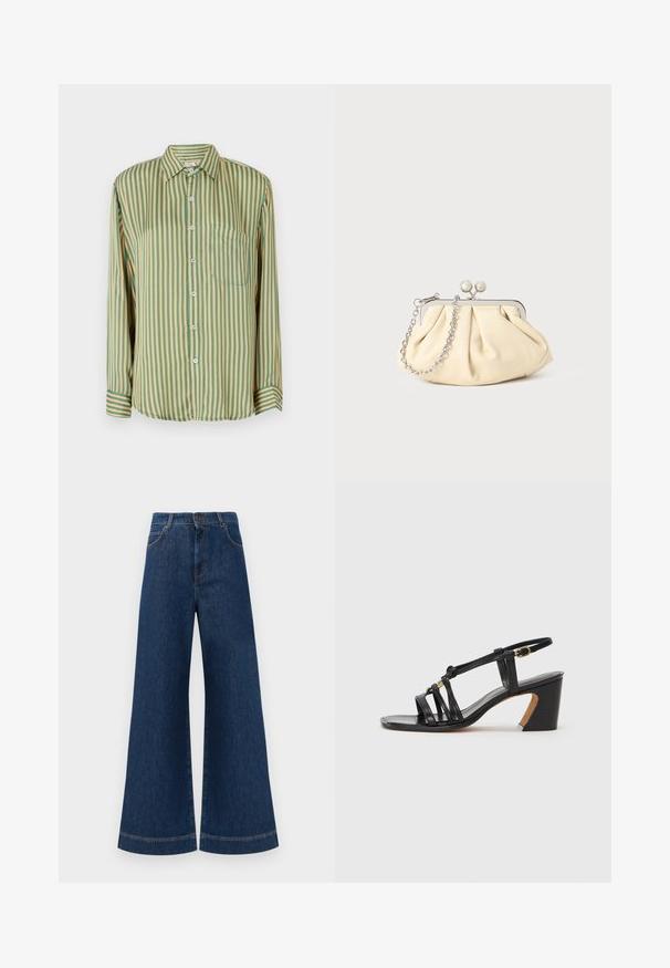 Ilga rankovėmygtukinė marškiniai su žaliais ir geltonais vertikaliais dryželiais, turintys krūtinės kišenę ir mėlynus mygtukus. Pagaminta iš lygaus audinio.; Plati mėlynos džinsinės kelnės su aukštu liemeniu, turinčios mygtukų užsegimą, diržo kilpas ir subtilius siuvinėjimo akcentus ant kišenių bei apdailos.; Paul Smith AMIRA - Klasikiniai aukštakulniai - black; Plyšiniai smėlio spalvos odiniai rankinukai su sidabriniu metaliniu rėmu, turintys du apvalius dekoratyvinius užtrauktukus ir sidabrinę grandinėlę.