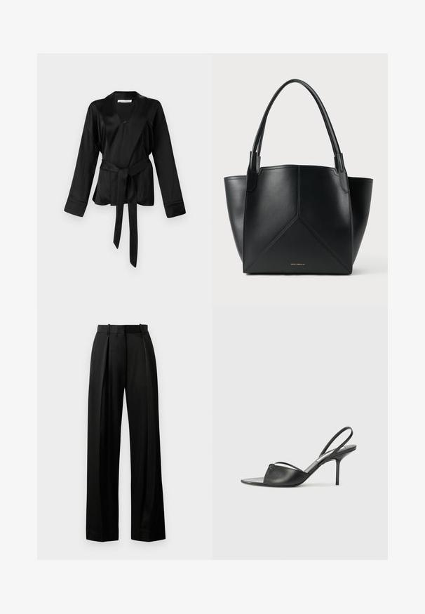 Čierny saténový obalový top s dlhými rukávmi, hlbokým výstrihom do V a opaskom na seba viazanie v páse. Má hladkú textúru a voľný strih.; Čierne široké nohavice vyrobené z ľahkej tkaniny s prispôsobeným strihom, s prednými plisovaním a plochým pásom s pútkami.; Čierne kožené sandále na podpätku s ostrou špičkou, tenkým členkovým remienkom a stiletto podpätkom. Obsahujú uzlový detail na hornej časti.; Čierna kožená taška na rameno s geometrickým dizajnom, s dvoma rukoväťami a zlatým brandingom na prednej strane. Hladká textura a štruktúrovaný tvar.