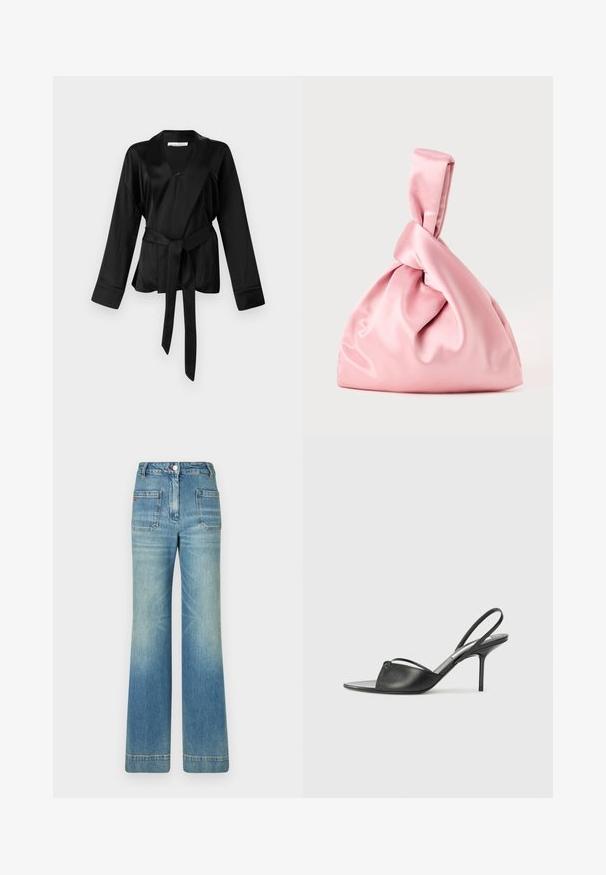 Juodas satino apklotas viršus su ilgomis rankovėmis, gilia V formos iškirpte ir savišsirišamu diržu juosmenyje. Pasižymi sklandžia tekstūra ir laisvu siluetu.; Šviesiai mėlynos džinsinės platėjančios kelnės su penkiomis kišenėmis, diržo kilpojais, mygtuko uždarymu ir šiek tiek nusidėvėjusia struktūra, su raudonu logotipo akcentu ant nugaros.; Juodos odinės slingback aukštakulnės bateliai su smailiu priekiniu galu, plona kulkšnies juostele ir stiletto kulnu. Papuošti mazginio detalė vampyro dalyje.; Rožinė satino rankinė su mazgu viršuje, pasižyminti lygiu paviršiumi ir minkšta, apvalia forma. Sukurta saugiam, susirauktam išvaizdai.