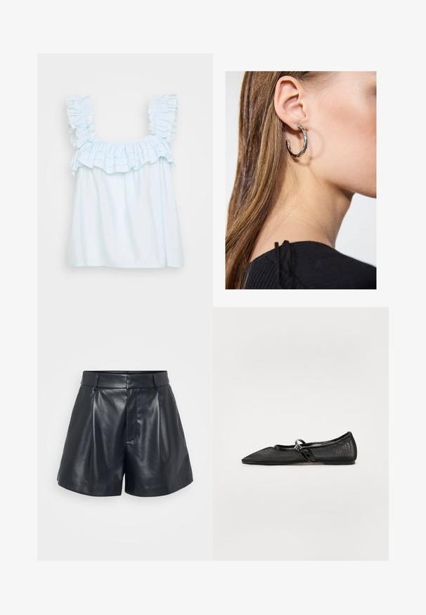 Ανοιχτό μπλε αμάνικο τοπ με λούρεκους στον λαιμό και στους ώμους. Φτιαγμένο από μαλακό ύφασμα, με χαλαρή εφαρμογή και λεία υφή.; Μαύρο δερμάτινο σορτς με λεία υφή, κομψό σχέδιο, πτυχώσεις μπροστά και θηλάκια ζώνης; διαθέτει κρυφή τσέπη με φερμουάρ στο πλάι.; Μαύρο επίπεδο παπούτσι με μυτερή μύτη, επάνω μέρος από διχτυωτό υλικό και γυαλιστερές δερμάτινες λεπτομέρειες. Διαθέτει μια λεπτή λωρίδα με κυκλική μεταλλική διακόσμηση.; Ασημένιο σκουλαρίκι κρίκος με γυαλιστερή φινίρισμα, που διαθέτει μικρές χρυσές λεπτομέρειες και στρογγυλό σχήμα, φορεμένο στον λοβό.