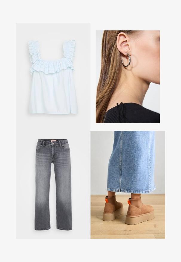 Lyseblå ermeløs topp med volang-hals og skuldre. Laget av myk stoff med løs passform og en jevn tekstur.; Grå denimjeans med rett ben-design, fem-lomme stil, subtil falming, og knappelukking i midjen.; Brune semska plattformstøvler med elastiske sidepaneler og orange rekkehalser, parret med en knelange lys denimskjørt på et tregulv.; Sølv ringøredob med en polert finish, med små gull detaljer og en rund form, båret på øreflippen.