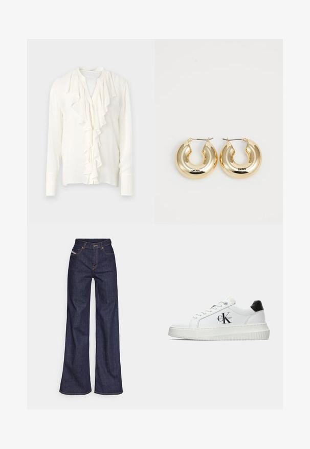 Weiße Bluse mit langen Ärmeln und einem gerafften Vorderteil, rundem Halsauschnitt und Knopfleiste. Aus weichem, leichtem Material.; Dunkelblaue weite Jeans aus Denimstoff mit hoher Taille, ausgestattet mit orangefarbenen Nähten, fünf Taschen und einem Knopfverschluss.; Weiße Low-Top-Sneaker mit schwarzem Fersenpatch, Plateau-Sohle, Schnürsenkeln und Calvin Klein "CK"-Logo an der Seite.; Goldene Creolen mit einem glatten, abgerundeten Design und einer glänzenden Oberfläche, ausgestattet mit einem Verschluss zur Sicherung. Mit "DKNY" graviert.