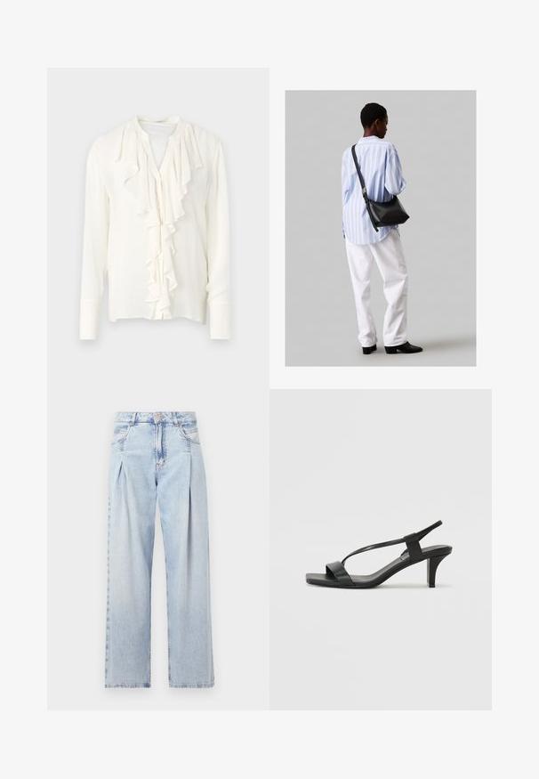 Biała bluzka z długimi rękawami i falbaniastym przodem, z okrągłym dekoltem i zapięciem na guziki. Miękka, lekka tkanina.; Jasnoniebieskie dżinsy z wysokim stanem, szerokimi nogawkami, dwoma bocznymi kieszeniami oraz plisowanym wzorem. Miękka tekstura z wyblakłym wykończeniem.; Czarne sandały na obcasie z wąskim paskiem, kwadratowym noskiem i średniej wysokości blokowym obcasem. Wykonane z gładkiej skóry o matowym wykończeniu.; Czarna skórzana torba na ramię o miękkiej fakturze, w kształcie trójkąta, z regulowanym paskiem, połączona z jasnoniebieską koszulą w paski i białymi spodniami.