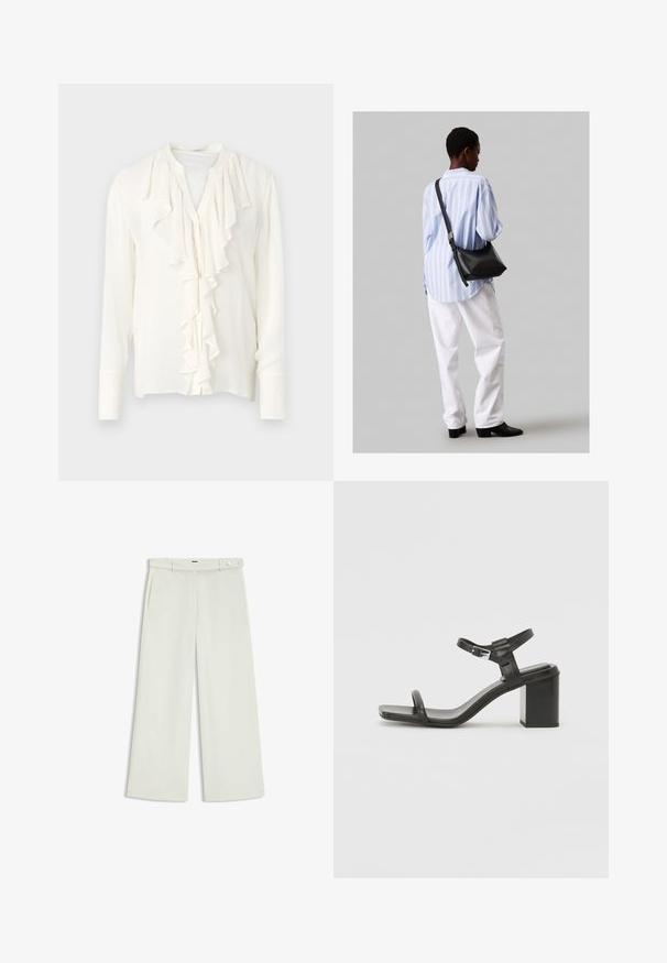 Blusa bianca con maniche lunghe e una abbottonatura a rouches, con scollatura rotonda e chiusura a bottoni. Tessuto morbido e leggero.; Pantaloni a gamba larga in tessuto crema chiaro, dotati di tasche laterali, frontale liscio e chiusura a un bottone in vita. Texture morbida.; Sandalo in pelle nera con tacco a blocco e una fascia larga sopra le dita, dotato di una cinghia regolabile alla caviglia, caratterizzato da un design elegante e minimalista.; Borsa a tracolla in pelle nera con una texture morbida, forma triangolare e tracolla regolabile, abbinata a una camicia a righe blu chiaro e pantaloni bianchi.