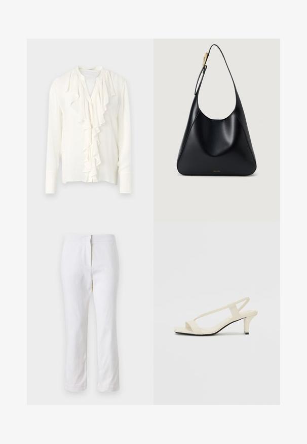 White blouse with long sleeves and a ruffled front placket, featuring a round neckline and button closure. Soft, lightweight fabric.; White cotton pants with a straight leg design, featuring a mid-rise waist and no visible hardware or patterns. Smooth texture throughout.; Beige block-heeled sandals with thin straps and a square toe. Smooth material with minimal detailing, designed for easy wear.; Black leather shoulder bag with a smooth texture, curved silhouette, and a gold hardware accent. Features embossed brand logo at the base.