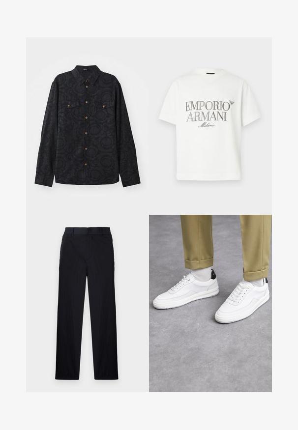 Černá košile s dlouhým rukávem a strukturovaným vzorem, dvěma kapsami na hrudi a hnědými knoflíky na zapínání. S límečkem.; Bílé bavlněné tričko s velkým šedým logem "Emporio Armani Milano" na přední straně a malým logem na levé horní straně.; Černé kalhoty s lehkým, strukturovaným materiálem, rovnými nohavicemi, elastickým pasem a postranními zipovými kapsami.; Bílé tenisky s texturovaným koženým povrchem, zaoblenou špičkou a černým akcentem na patě. Gumová podrážka s malým vzorem a šitými detaily.