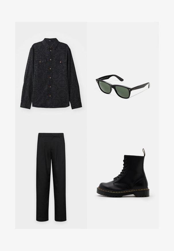 Ilgų rankovių juodas marškinys su tekstūrine raštu, dviem krūtinės kišenėmis ir rudos spalvos mygtukais prie mygtukų priekinės dalies. Apykaklės dizainas.; Balta medvilninė marškinėlių užsagėlė su trumpomis rankovėmis, apvaliu kaklu, laisva forma ir be matomų logotipų ar raštų. Lygi tekstūra ir minimalus dizainas.; Juodi kelnių modeliai, pagaminti iš lygios medžiagos, turi tiesią kojas, du priekiniai klostės ir standartinę juosmenį su diržo kilpomis.; Juodi odiniai auliniai batai su raištelių priekiu, geltonu siuvimu, apvaliu pirštu ir storu, tekstūruotu guminio pado.; Juodi plastikiniai saulės akiniai su žaliais objektyvais, kvadratiniais rėmeliais, sidabriniu akcentu ant antakio ir tekstūruotais šventyklų šakutėmis. Vidinėje šakutėje nurodyta prekės ženklo pavadinimas.