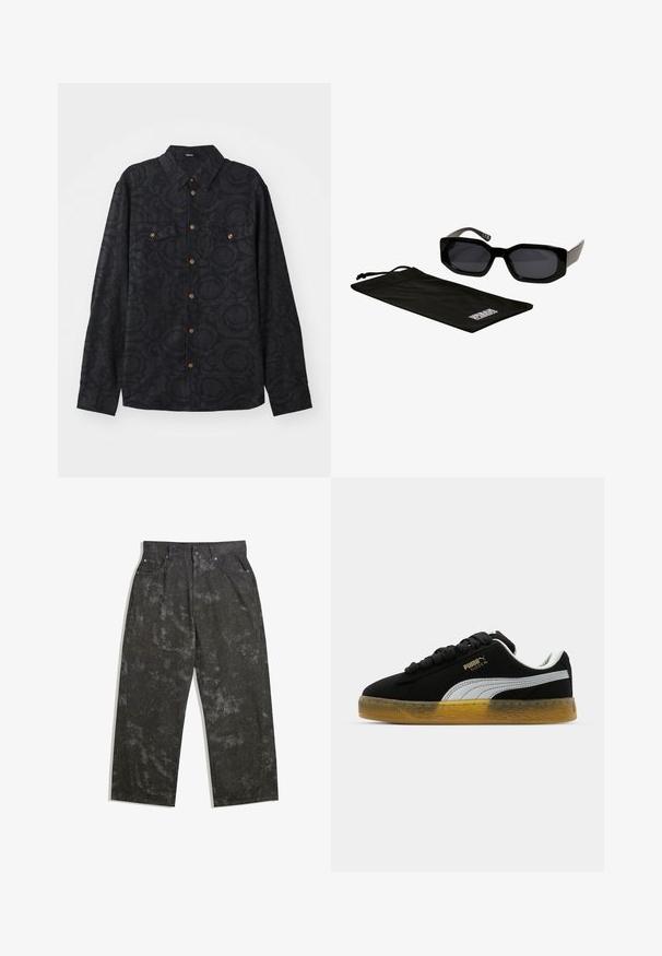 Zwart overhemd met lange mouwen, voorzien van een gestructureerd patroon, twee borstzakken en bruine knopen aan de knoopsluiting. Met kraagdesign.; Donkergrijze denim broek met een losse pasvorm, voorzien van subtiele gemarmerde patronen en metalen hardware accenten. Vijfzakkenontwerp.; Zwarte suède sneakers met witte zijstrik en gouden logo. Voorzien van een rubberen gumzool met een textuurpatroon. De veters zijn zwart en plat.; Zwarte zonnebril met hoekige, oversized monturen en donkere lenzen, vergezeld van een zwarte microfiber zak met een logo erop.