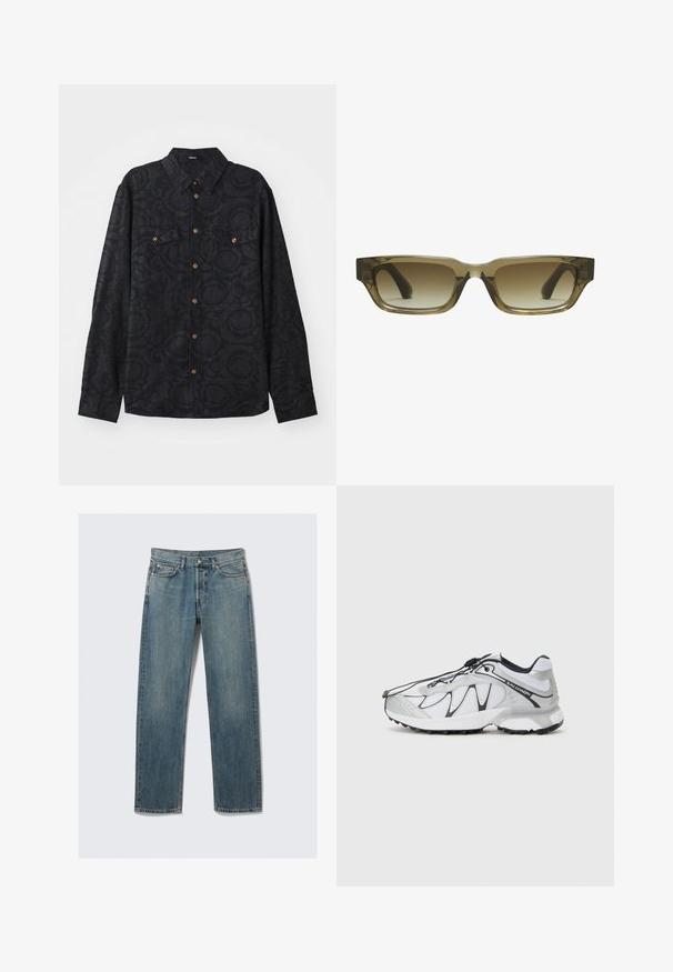 Hosszú ujjú fekete ing texturált mintával, két mellzsebbel és barna gombokkal az elől gombos záródásnál. Galléros kivitel.; Kék egyenes szabású farmernadrág elülső és pénztárca zsebekkel, övhurkokkal és fémből készült gombos záródással egy sima háttér előtt.; Fehér sportcipők hálós felsőrésszel, fekete akcentusokkal, textúrált gumitalppal és elasztikus fűzőrendszerrel. Könnyű, modern dizájnnal.; Barna gradiens napszemüveg, téglalap alakú, vastag kerettel és fekete szárakkal. Átlátszó barna anyag dimenziót ad a kinézetnek.