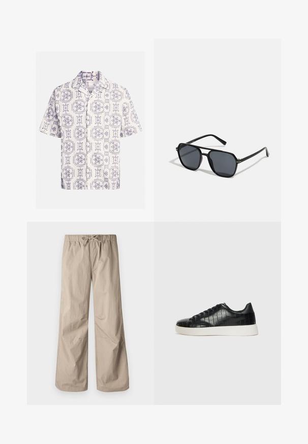 Short-sleeved shirt in cream and navy, featuring an all-over pattern of floral and geometric designs, with a notched collar and front buttons.; Beige wide-leg pants with an elastic waistband and drawstring. Smooth texture, two side pockets, and minimal seams for a relaxed fit.; Black sneakers featuring a textured croc-embossed leather upper, rounded toe, and a contrasting white rubber sole with a smooth finish.; Black sunglases with octagonal frame, dark lenses, glossy finish, thin temples, and gold accents on the front.