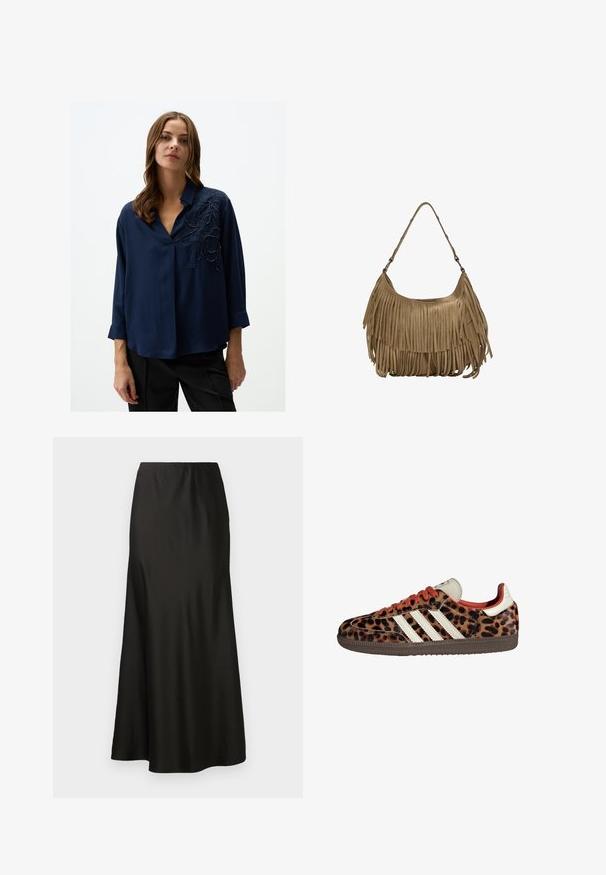 Blusa blu navy con scollo a V, maniche 3/4 e intricati ricami floreali neri sul lato sinistro. Tessuto liscio con un leggero lucido.; Gonna maxi in satin nero con texture liscia, vita alta e fondo svasato. Caratterizzata da un design semplice senza motivi visibili o accessori.; Sneaker con stampa leopardata in materiale scamosciato, lacci rossi e tre strisce bianche sui lati. Presentano una linguetta di colore crema e una suola marrone.; Borsa a tracolla in suede marrone con lunghi dettagli in frange, forma curva e una singola tracolla. Presenta una superficie liscia e testurizzata.