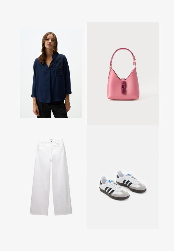 Navyblauwe blouse met V-hals, 3/4 mouwen en ingewikkelde zwarte bloemenborduursels aan de linkerkant. Glad materiaal met een subtiele glans.; Witte wijde denim jeans. Voorzien van een knoopsluiting, voor- en achterzakken, en gestikte naden. Soepele textuur met minimale details.; Sportschoenen met een witte leren bovenkant, grijze suède neus en drie zwarte strepen. Bevat een blauw logo op de tong en een gestructureerde rubberen zool.; Roze leren handtas met een gestructureerde vorm, voorzien van een glanzende sluiting en een enkele verstelbare schouderband. Getextureerde afwerking met gouden hardware.