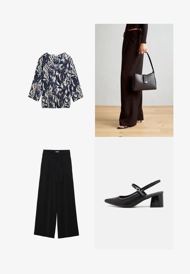Blouse à manches longues avec un fond bleu marine et des motifs abstraits blancs, roses et bleus ; tissu doux avec une coupe décontractée et un col en V.; Pantalons larges noirs en tissu texturé, avec une taille élastique et une ceinture à nouer amovible à la taille pour un ajustement variable.; Escarpins slingback en cuir verni noir avec un embout pointu, un design à découpes arrondies et un talon carré. Présente un accent de boucle en ton doré.; Sac à main noir à la forme structurée, texture lisse et fermoir métallique. Associé à un pantalon noir ample et des sandales ouvertes sur un sol en bois.