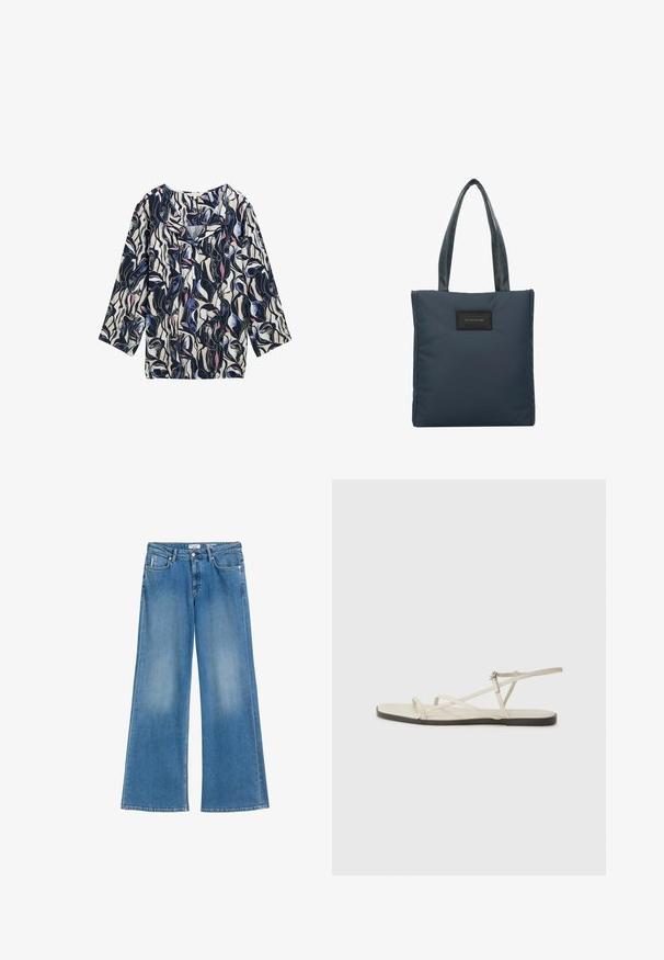 Long-sleeve blouse featuring a navy background with abstract white, pink, and blue patterns; soft fabric with a relaxed fit and V-neck.; Light blue wide-leg jeans made of denim, featuring a high waist, front pockets, and a slightly faded finish. Classic five-pocket design.; Beige flat sandal with multiple slender straps and an adjustable buckle. The sole is flat with a slight dark contrast at the edge.; Navy blue tote bag made of smooth nylon, featuring two textured handles and a black rectangular logo patch on the front.