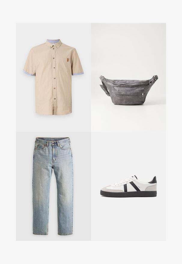 Camisa de botones de manga corta en lino beige con detalles en azul en las mangas. Presenta un bolsillo en el pecho y botones marrones. Textura suave.; Jeans de mezclilla azul claro de cintura alta, con botón frontal, cremallera y diseño de cinco bolsillos, dispuestos sobre un fondo neutro.; Zapatilla blanca con acentos en negro y gris, que presenta una puntera texturizada en gris, suela de goma negra y cordones planos blancos. Diseño limpio, estilo minimalista.; Riñonera de ante gris con forma redondeada, dos compartimentos con cremallera y correa ajustable. Presenta acentos de metal.