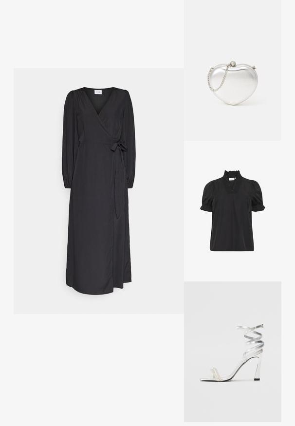 Top de algodón negro con un escote rizado, mangas cortas abullonadas y un sutil detalle texturizado en el cuello. Diseño simple y clásico.; Vestido negro ajustado con mangas largas abullonadas, escote en V y detalle de cinta en la cintura. Tejido suave con una silueta fluida.; Sandaia de tacón alto plateada con un diseño de tira brillante, que cuenta con un acento similar a una perla y una correa en espiral en el tobillo para un ajuste seguro.; Bolso de mano metálico en forma de corazón, de color plateado, con una textura suave, cierre de broche y una correa de cadena plateada.