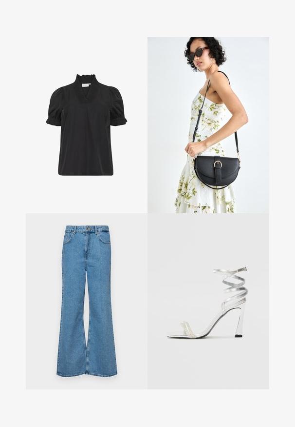 Czarna bawełniana bluzka z falbaniastym dekoltem, krótkimi puff sleeves i subtelnym teksturowanym detalem na kołnierzyku. Prosty i klasyczny design.; Jasnoniebieskie dzwony z denimu, z wysokim stanem, pięcioma kieszeniami i zapięciem na jeden guzik. Miękka tekstura z wyblakłym wykończeniem.; Srebrna sandał na wysokim obcasie z błyszczącym wzorem paska, z akcentem w postaci perły i spiraledowym paskiem na kostkę dla bezpiecznego dopasowania.; Czarna skórzana torebka o zakrzywionym kształcie, z odpinanym paskiem i złotymi akcentami. Torebka posiada klapę z zapięciem w kształcie klamry.