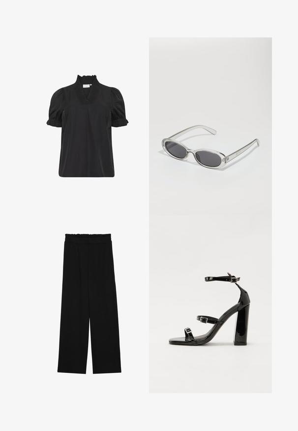 Top de algodón negro con un escote rizado, mangas cortas abullonadas y un sutil detalle texturizado en el cuello. Diseño simple y clásico.; Pantalones de pierna ancha negros con una cintura con volantes, que cuentan con dos bolsillos laterales y una tela suave y ligera. Sin patrones visibles ni accesorios.; Sandalias de tacón de charol negro con punta cuadrada, correas en el tobillo y hebillas plateadas. Presentan un tacón grueso para mayor estabilidad.; Gafas de sol con forma ovalada, montura de plástico transparente, lentes gris oscuro y patillas delgadas y transparentes con acentos de logotipo y un diseño minimalista.