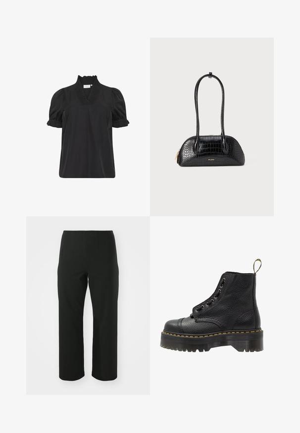 Sort bomuldsbluse med rynket halsudskæring, korte pufærmer og subtil teksturdetalje på kraven. Enkel og klassisk design.; Vero Moda Curve VMCAUGUSTA PANT - Bukser - black; Sorte læder ankelstøvler med tekstureret overflade, rund tå, snørebåndsdesign, gule stikninger og en tyk, rillet sort platformsål.; Sort håndtaske i krokodillemønster med en glat tekstur, rund form og to slanke håndtag. Guld-logo nær bunden.; Sølvøreringe, rund form, glat metaloverflade, ingen synlige udsmykninger, let design, ensartet tykkelse.