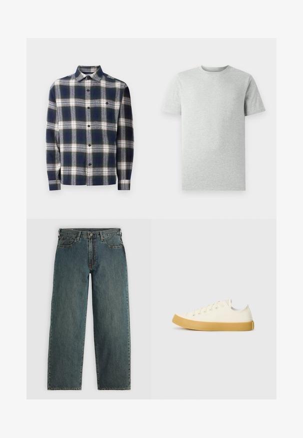 Vīriešu garām piedurknēm pogājama krekla ar jūras zila, baltu un zaļu lielu skotu rakstu un vienu krūšu kabatu.; Gai pelēks īsām piedurknēm T-kreklis ar apaļu kakla izgriezumu, attēlots uz baltas fona, priekšskats bez redzamām logo vai dizainiem.; Tumši zili taisni džinsi ar pogu un rāvējslēdzēju, priekšējām kabatām un jostu cilpām uz gaiši pelēka fona.; Kanvasas tenisa apavi ofē un balta krāsā ar apaļu purngali, ar beicu gumijas zole un piecām acīm šņorēšanai, teksturēta virsma augšdaļā.