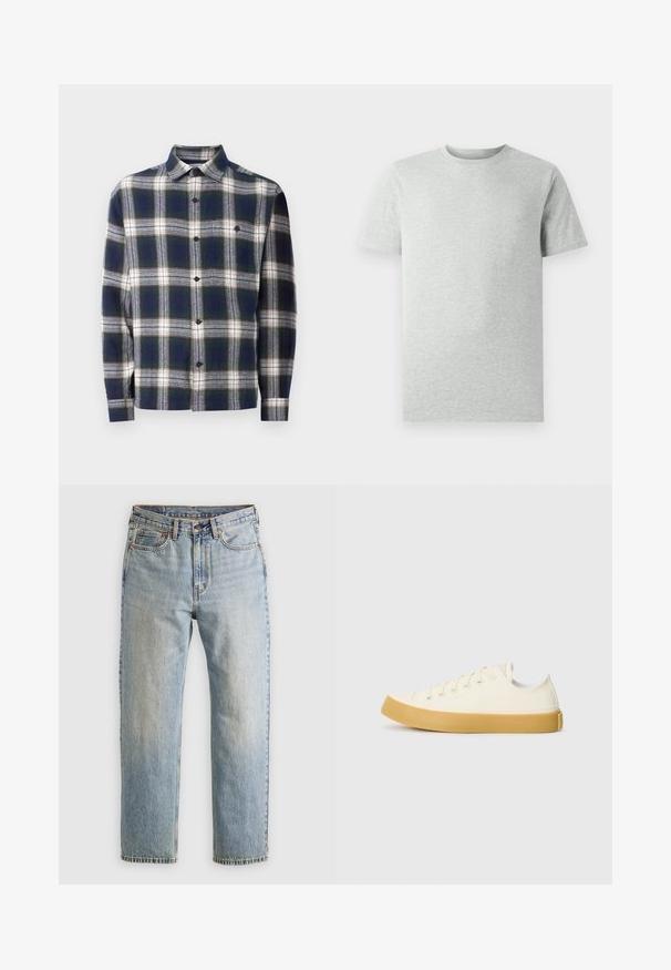 Camicia da uomo a maniche lunghe con bottoni, con un grande motivo a quadri in blu navy, bianco e verde e una tasca sul petto.; Maglietta a maniche corte grigia chiara, girocollo, mostrata su uno sfondo bianco, vista frontale senza loghi o design visibili.; Jeans in denim azzurro chiaro con vita alta, bottone anteriore, cerniera e design a cinque tasche, adagiati su uno sfondo neutro.; Sneakers in tela di colore avorio con punta rotonda, dotati di suole in gomma beige e cinque occhielli per i lacci, finitura texturizzata sulla parte superiore.