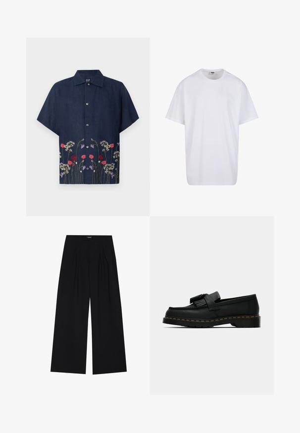 GAP Vapaa-ajan kauluspaita - blue; Valkoinen puuvillainen t-paita, jossa on lyhyet hihat, pyöreä kaula-aukko, rento istuvuus ja ei näkyviä logoja tai kuvioita. Sileä pinta ja minimaalinen muotoilu.; YOURTURN UNISEX - Housut - black; Musta nahkakalvosin tupsuilla, keltainen tikkaus pohjan ympärillä ja paksu, uritettu kumipohja.