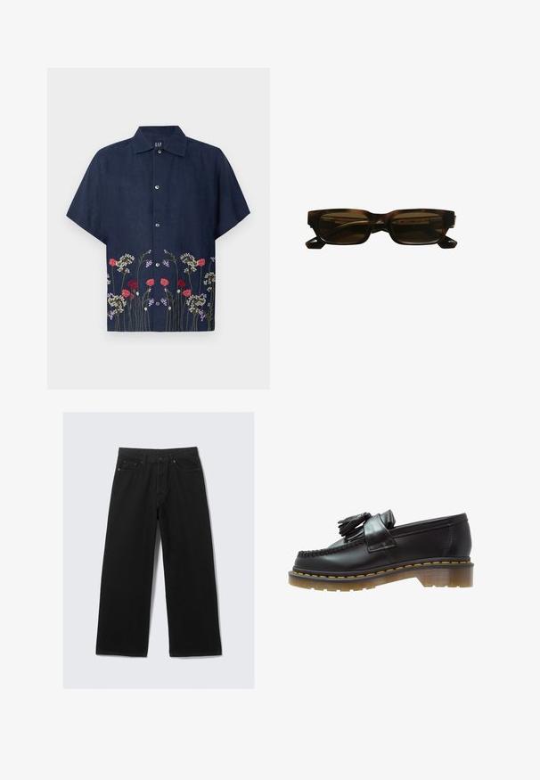 GAP Ing - blue; Fekete, széles lábú farmernadrág, klasszikus öt zsebes kialakítással és struktúrált derékkal, övhurkokkal.; Fekete bőr loaferek texturált felülettel, dekoratív bojtokkal és kontrasztos sárga varrással, tömzsi, átlátszó talpon.; Pikkelyszerű, téglalap alakú napszemüveg sötét lencsékkel, vastag acetát keretekkel és szögletes templomokkal. A márkaneve a belső karon található.