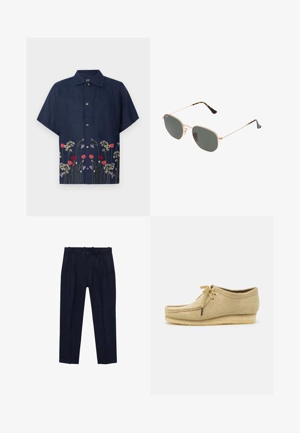 GAP Vapaa-ajan kauluspaita - blue; Navy-huoneet, jotka on valmistettu sileästä kankaasta, jossa on hieman muotoiltu istuvuus, etupuolella laskokset, vyölenkit ja yksi napin sulkeminen.; Vaaleanbeige mokkasiinikenkä, jossa on nauhakiinnitys, ommeltu yksityiskohtia ja kumipohja. Muotoilu on rento, jossa on kevyt kiilakorko.; Kultaa metallikehyksiset aurinkolasit tummanvihreillä linsseillä, pilottilaatuinen tyyli, jossa on kapeat varret ja kilpikonnakuosiset korostukset päissä.