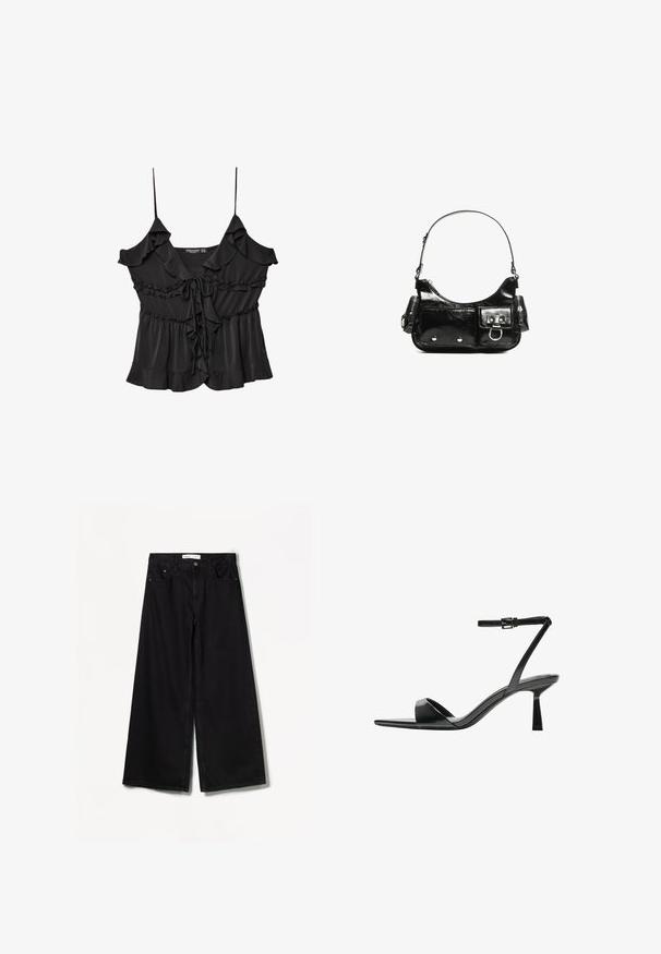 Černá bezrukávová blůza s volány, zavazováním na výstřihu a rozšířeným lemem. Vyrobena ze světlé, strukturované tkaniny.; Bershka WIDE-LEG - Wide leg - black; Bershka Sandály na vysokém podpatku - black; Černá lakovaná kožená kabelka s křivkovým tvarem, jedním ramenním popruhem, předními kapsami a stříbrnými kovovými detaily.