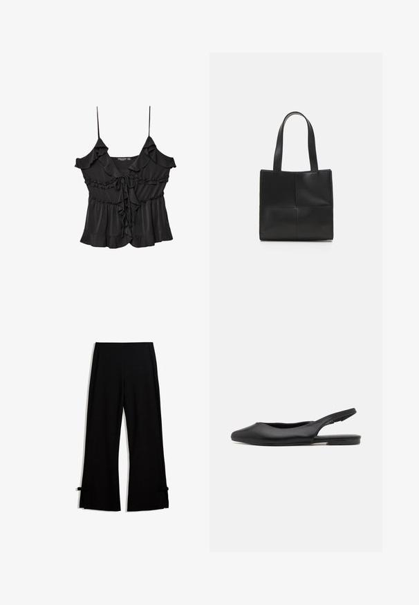 Čierny bezrúnkový top s volánovými detailmi, viazaním na výstrihu a rozšíreným lemom. Vyrobený z ľahkej textúrovanej látky.; Čierne široké nohavice z mäkkej látky, s bočnými rozparkami zaistenými mašľami v spodnej časti pre dodatočný detail.; Čierne kožené sandále so špičatou špičkou, plochým opätkom a zakriveným výrezom. Hladký povrch a minimalistický štýl.; Čierna kožená taška na rameno s dvoma uchami, obdĺžnikový tvar, hladká textura a prešívaný panelový dizajn. Bez kovania alebo ďalších akcentov.