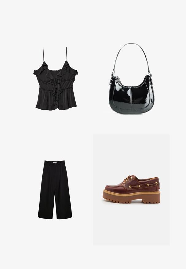 Blusa nera senza maniche con dettagli arricciati, un nodo nel collo e un orlo svasato. Realizzata in tessuto leggero e testurizzato.; Pantaloni neri a gamba larga con vita alta, fronte pieghettato e chiusura con bottone. Realizzati in tessuto morbido con un design sartoriale.; Scarpa da barca in pelle marrone con suola in gomma marrone robusta, occhielli dorati e cuciture a contrasto. Presenta un logo sul lato.; Borsa a mano in pelle verniciata nera, con design curvo, chiusura con zip e un solo manico a spalla caratterizzato da hardware e cuciture in tono argento.