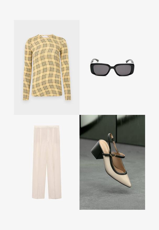 Rabanne Top s dlhým rukávom - green/yellow/cream; Béžové široké nohavice s plisovaním a hladkou textúrou. Obsahujú upravený pás a dve bočné vrecká.; Béžová lodička na opätku s otvorenou pätou, špičatou špičkou, čiernym lemovaním a prackou. Hladký materiál s matným povrchom, stredne vysoký blokový podpätok.; Čierne obdĺžnikové slnečné okuliare s tmavými sklami, hladkým plastovým rámom a zakrivenými stranami. Dizajn je robustný s minimalistickou estetikou.